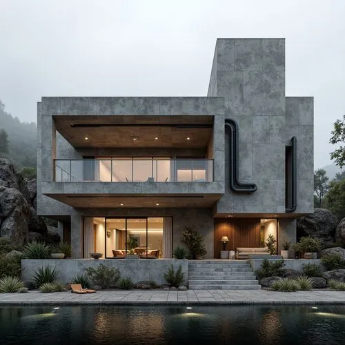 Rugged villa exterior, brutalist architecture, raw concrete walls, exposed ductwork, industrial pipes, metal beams, minimalist decor, monolithic forms, fortress-like structure, dramatic cantilevered r