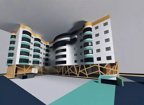 a large white building with a yellow yellow and blue strip across the front,3d rendering,cube stilt houses,sketchup,apartment blocks,habitaciones,residencial,apartment block,3d rendered,3d render,rede