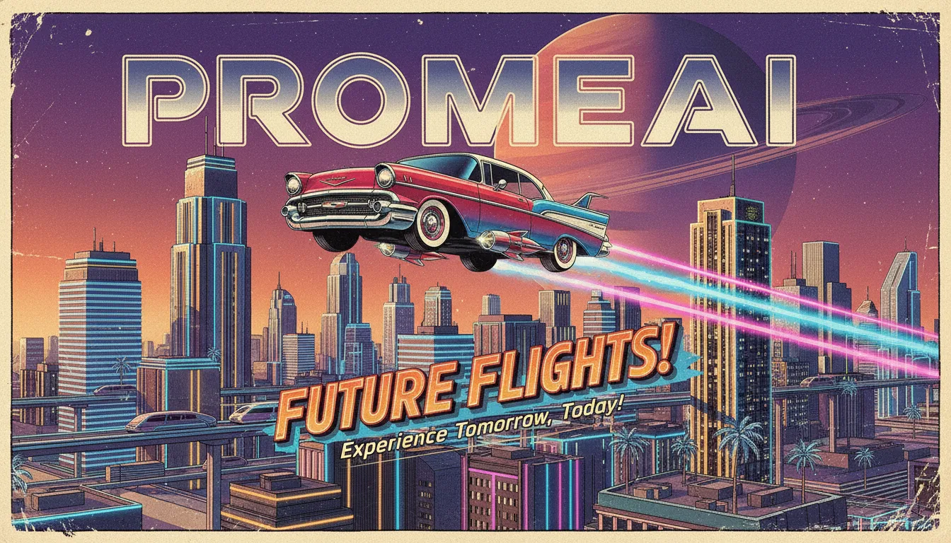 Un vivace poster di Retrofuturismo creato con PromeAI, che mostra un'auto d'epoca che vola attraverso una città futuristica illuminata al neon.