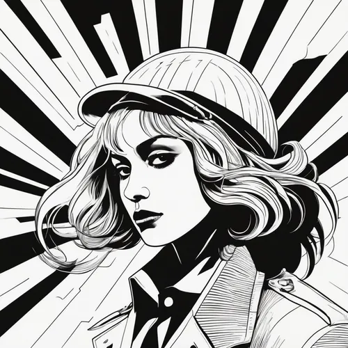 Minimalistic and monochromatic design.,clementine,comic halftone woman,comic style,pop art style,retro woman,pop art woman,the hat-female,retro girl,baseball cap,hat retro,pop art girl,retro women,coo