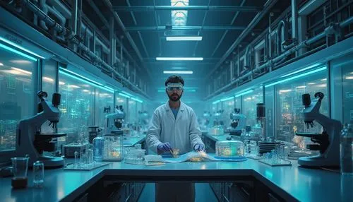 Futuristic laboratory, fusion architecture, sleek metal framework, glass walls, neon lights, futuristic equipment, holographic displays, scientist in white lab coat, goggles, gloves, mixing chemicals,