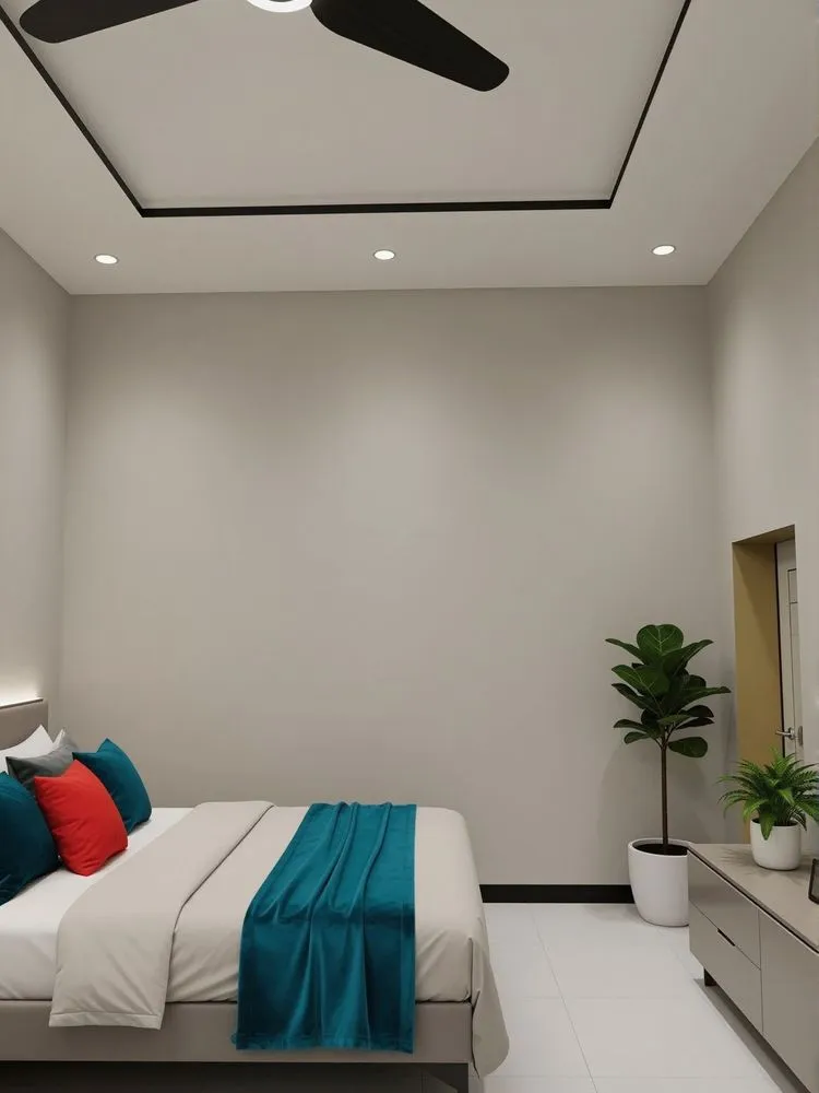 a bed in a room with a ceiling fan
