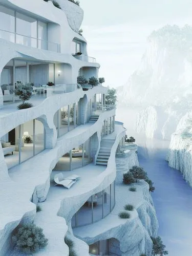 Residential White Model,fallingwater,futuristic landscape,floating islands,sky space concept,seasteading,snowhotel