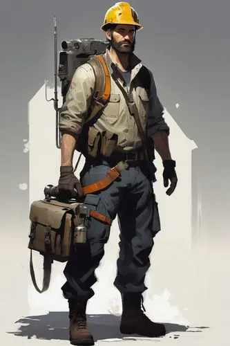  Game character design, full body,construction worker,engineer,construction helmet,ironworker,contractor,tradesman,volksgrenadier,builder,engi,utilityman,hardhat,postapocalyptic,serviceman,workman,art