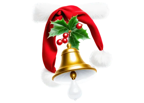Merry Christmas clip art, Santa hat, red coat, white fur trim, golden bell, green holly leaves, bright red berries, shiny star decorations, sparkly snowflakes, festive colorful ornaments, glittering g