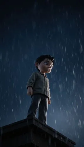 A man Wearing a normal cloths, he is standing on the top of a tower, it is night time and heavy raining, cinematic shot, dynamic lighting, 75mm, Technicolor, Panavision, cinemascope, sharp focus, fine
