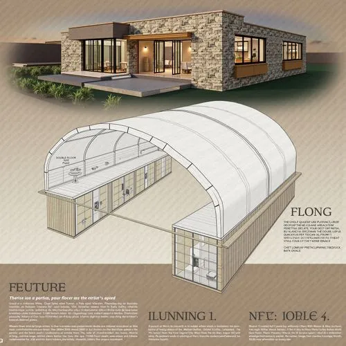 Create a professional architectural presentation board with a clean, minimalist layout and a warm beige background. The board includes:

Top Section: At the top, a photorealistic render of a modern tw
