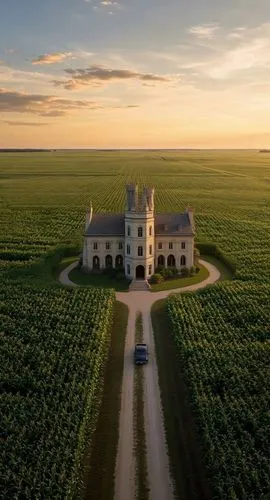 Replace the shabby house in the image with a luxurious English abbey. Ensure the black car on the road remains intact. Maintain the correct size and proportion for the abbey and car. The abbey should 