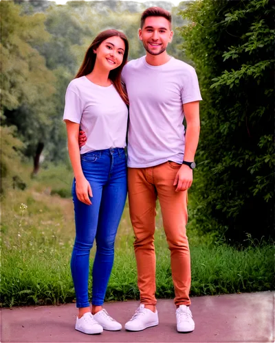 Couple, embracing, romantic, warm smile, gentle eyes, soft hair, casual wear, jeans, white shirt, sneakers, outdoor scenery, warm sunlight, soft focus, shallow depth of field, cinematic composition, p