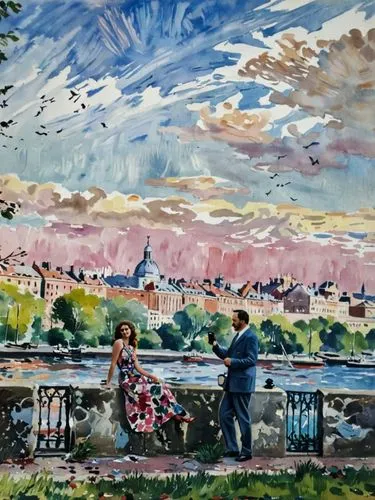 a painting of a couple next to a lake,impressionism,romantic scene,photo painting,oil painting,seine,art painting