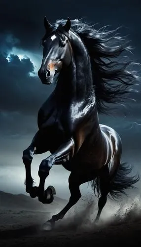 night, black horse in the dark, his mane fluttering in the wind,a black horse is galloping through the sand,frison,black horse,arabian horse,pegaso,friesian,dream horse,Conceptual Art,Fantasy,Fantasy 