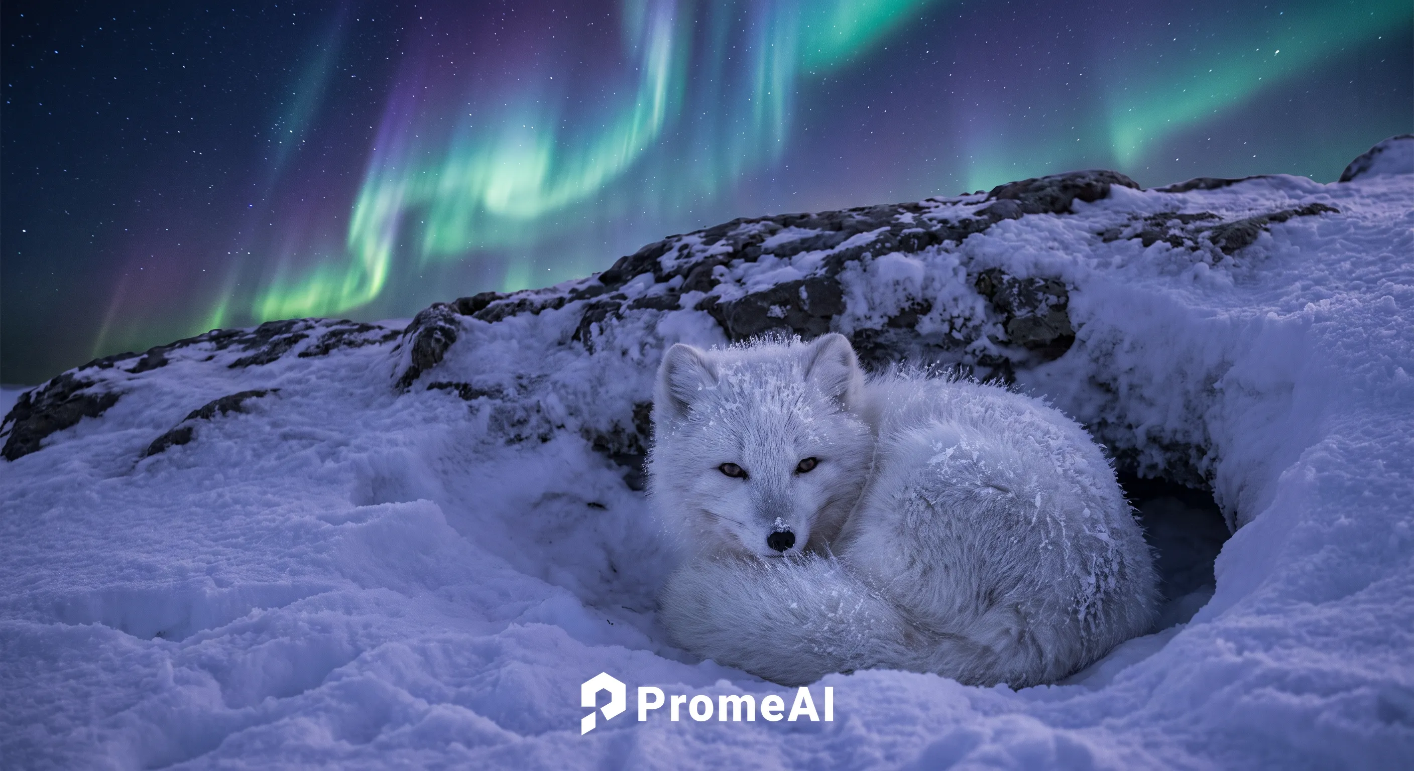 A pure white Arctic fox curled up in a snowy den under the northern lights, aurora borealis glowing in the night sky above, ice crystals on its fur, serene and cold environment, winter wonderland atmo