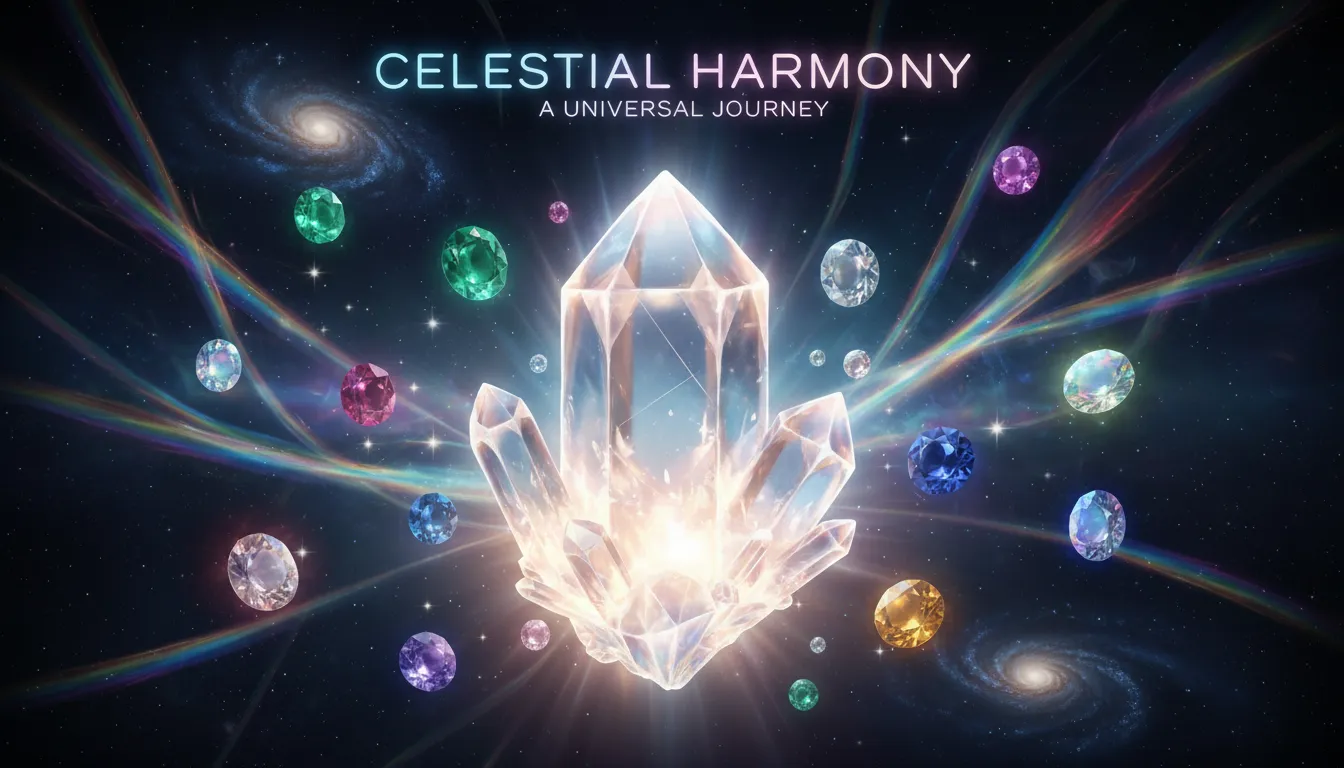 Un poster generato da AI con un grande e luminoso cristallo di quarzo al centro, con pietre preziose fluttuanti più piccole ed effetti di arte luminosa prismatica su uno sfondo cosmico scuro.