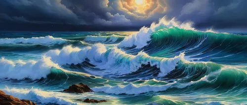 a painting of large waves crashing on rocky shore,ocean waves,tidal wave,ocean background,sea storm,seascape,sea landscape,stormy sea,crashing waves,water waves,waves,seascapes,ocean,sea water splash,