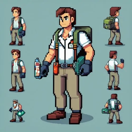 Pixel Art， game character,pixel art,egon,janitor,biologist,sprites,seamico,rebgun,pixelgrafic,venkman,pixel cells,mailman,engineer,brock,facebook pixel,plumber,retro styled,paleobotanist,game characte