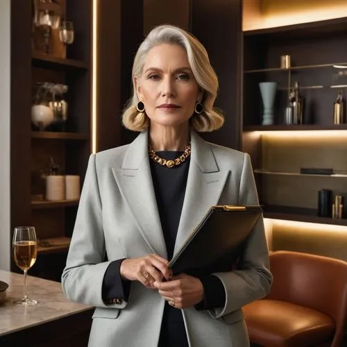 a woman is looking at a folder she's holding,business woman,woman in menswear,businesswoman,chairwoman,business women,official portrait,concierge,aging icon,restauranteur,perfumer,business girl,pantsu
