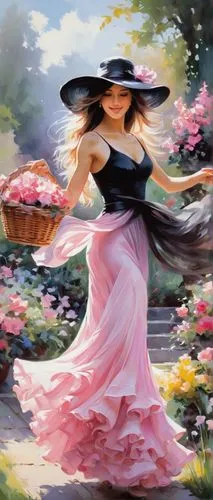 valse dancer with flowing pink and blackdress and long hair, hat and blushing face, on the flower garden with basket


,a painting of a woman holding a basket full of flowers,springtime background,aer