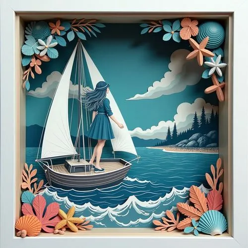 A girl with flowing hair in captain's clothes stands on the deck of a sailboat against a background of white sails. there is a sea and a storm around, on the horizon there is a shore with a pebble bea