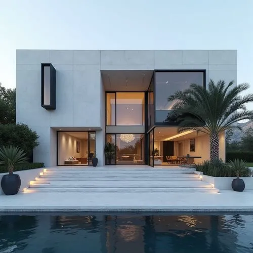 A hyper-realistic, high-resolution architectural photograph capturing a grand, ultra-modern luxury mansion at twilight. The building’s façade is composed of smooth white stone panels contrasted with s