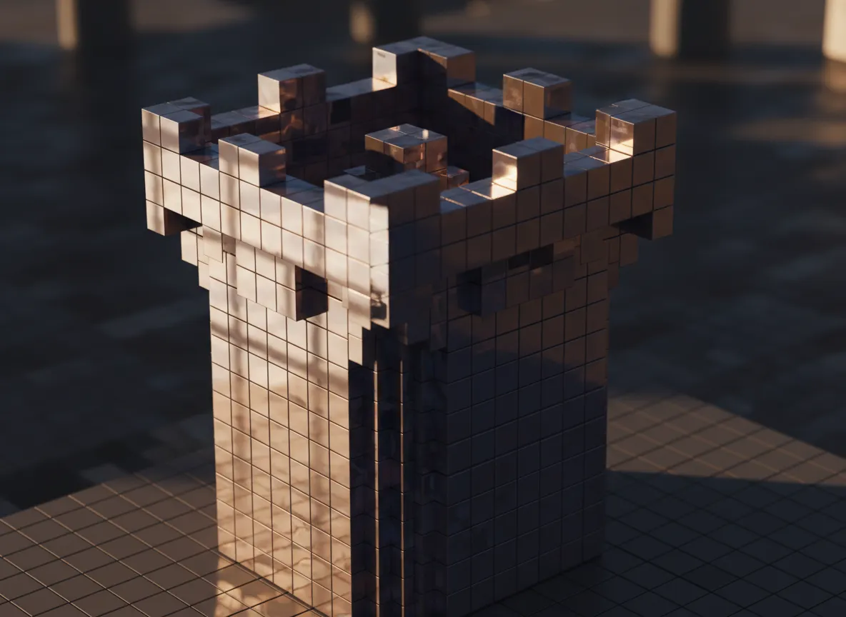 Nahaufnahme eines Voxel-Art-Objekts, die den realistischen Schatten und die Lichtreflexion auf seinen kubischen Oberflächen hervorhebt.