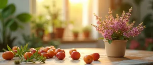 modern,big cozy living room,instagram style,beautifull desighn,sunny day,beige,cream,green,many plants,blured background,details ,zoom on violet flowers,plums on table,several fresh flowers are on a t
