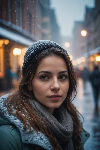 cinematic film still dult girl, (close shot), snow treading, rain dripping, fog filling, . shallow depth of field, vignette, highly detailed, high budget, bokeh, cinemascope, moody, epic, gorgeous, fi
