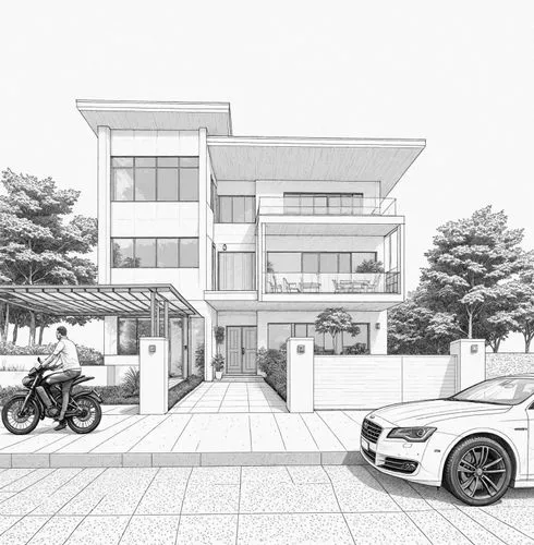 two cars and a motorcycle are in front of a home,sketchup,3d rendering,revit,render,renderings,modern house
