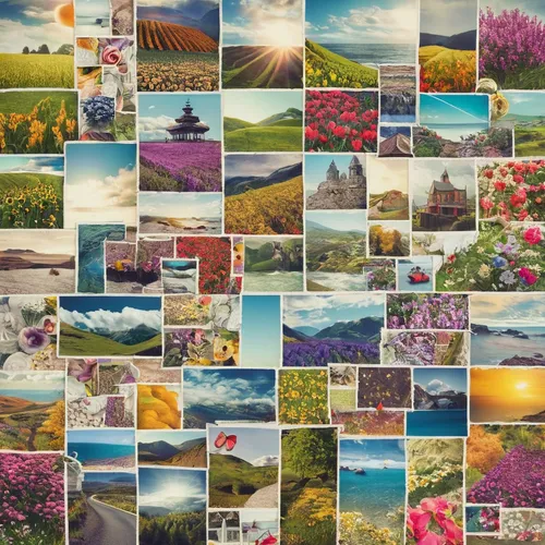 Create a collage using these random photos.,picture puzzle,landscape background,flower background,french digital background,background scrapbook,colorful background,floral background,postcards,backgro