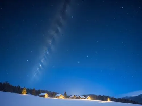 in the distance, a pair of stars twinkle and dance in the air, all forming a mesmerizing pattern. The stars surround a small village, some lying abandoned in the midst of a mountainous mountains. The 
