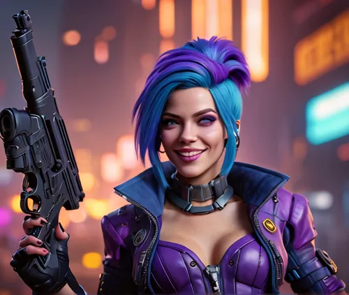 A beautiful and rendered portrait of Jinx in her iconic blue hair and purple outfit, with her signature crazy grin and mischievous eyes. She stands with a gun in her hand, ready to wreak havoc.,cyberp