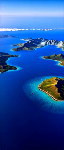 Global landscape, spherical shape, blue atmosphere, white clouds, vast ocean, scattered islands, mountain ranges, sunrise or sunset, warm light, panoramic view, high altitude, aerial photography, real
