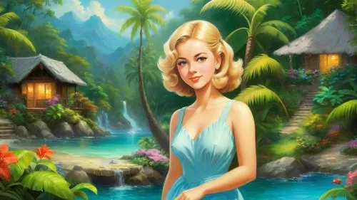 Romantic masterpiece oil painting, cute girl portrait, nostalgic 1950's style kitsch, vibrant rainforest bungalow landscape, lush tropical jungle paradise, summer beach scenery, by Thomas Kinkade, by 