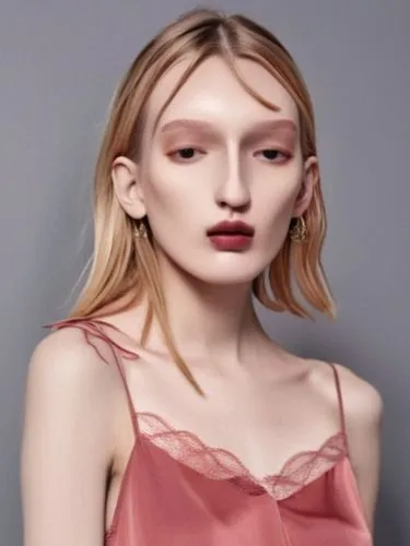 Shyanne,a woman with blonde hair wearing a pink top,pale,a wax dummy,albinos,natural cosmetic,female model,peach color,cosmetic,allude,gold-pink earthy colors,apricot,model,collagen,neckline,salmon pi