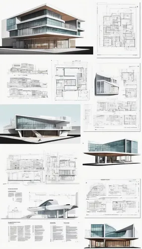  an architectural presentation board of an architectural project of modern theatre building where the production process lives, floor plans, views, sections, schematic concept studies, perspectives, 3