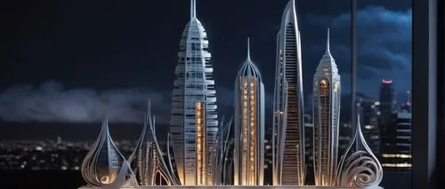 Modern TCF architecture, futuristic skyscraper, metallic materials, glass windows, LED lights, sleek lines, minimalist design, urban cityscape, nighttime, city lights reflection on glass, low-angle sh
