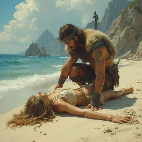 a couple on the beach being pographed,castaway,hominids,cave man,cavemen,stone age,shamans,fauns,cave people,satyrs,palaeolithic,tribesman,lover's beach,honeymoon,castaways,honeymoons,south pacific,th