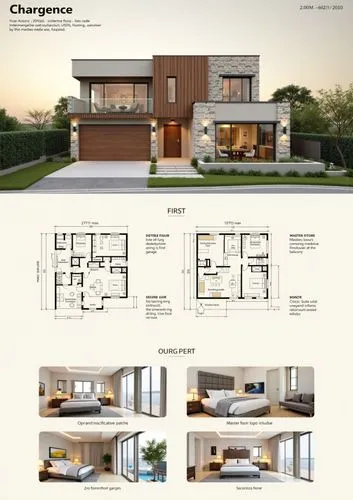 Create a professional architectural presentation board with a clean, minimalist layout and a warm beige background. The board includes:

Top Section: At the top, a photorealistic render of a modern tw