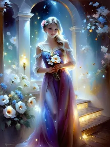 a princess in a purple dress with her flowers in the air,gardenias,white rose snow queen,holding flowers,fantasy picture,blue rose,jasmine blossom,jessamine,forget me not,fairy tale character,fairy ga