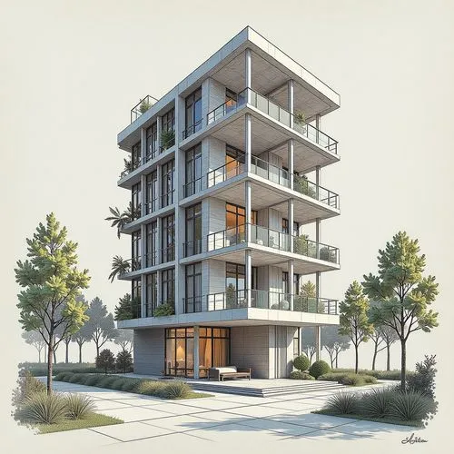 architectural futuristic zaha hadid stile design drawing, tall residential building with balconies facade, architectural drawings, layout and floor plan of all floors in the style of Tadao Ando, a gor