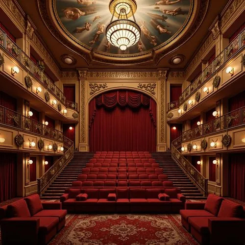Grandiose cinema interior, ornate golden accents, rich red velvet curtains, intricate Baroque patterns, luxurious velvety sofas, majestic grand staircase, opulent crystal chandeliers, lavish fresco ce