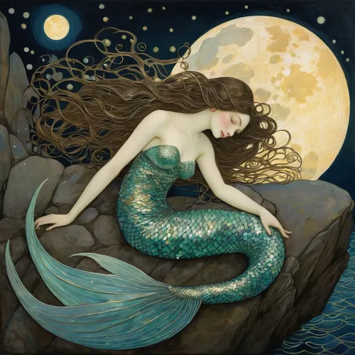 an illustration of a graceful mermaid lounging on a rock in the moonlight. She has long flowing hair, shimmering scales, and a mesmerizing tail, with cloth covering her upper body. The scene should ev