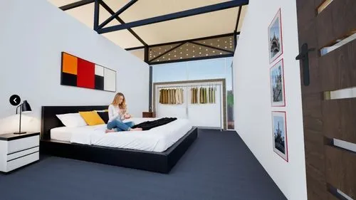 beautiful woman sitting ,a woman sitting on a bed with pictures on the wall behind it,modern room,guest room,sleeping room