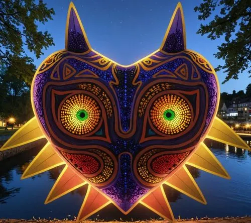 a large heart shaped sculpture with some bright eyes,owl art,peacock eye,owl background,owl,owl eyes,owl mandala pattern,owl pattern,large owl,peacock,illuminated lantern,rabbit owl,bubo,neon body pai