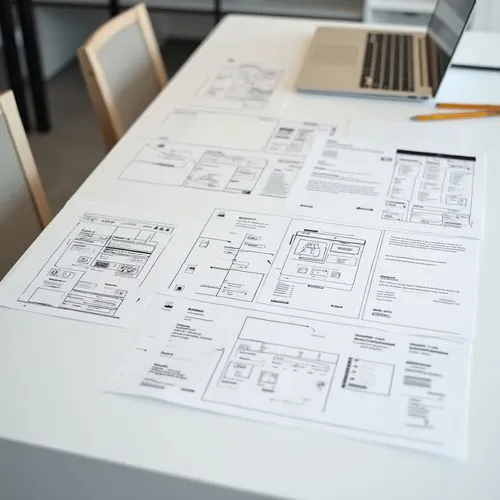Graphic studio design studio, on the white countertop are arranged functional mockups of the designed online store, visible on the white sheets wireframe sketches of the functioning of the website con