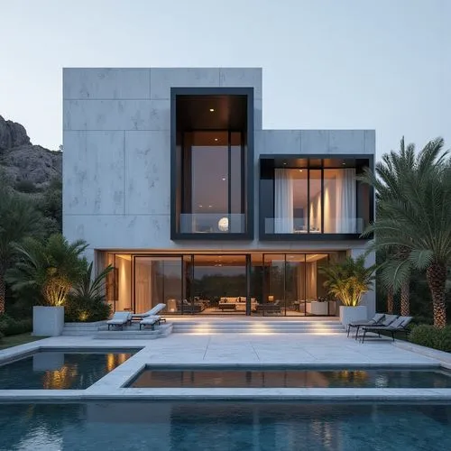 A hyper-realistic, high-resolution architectural photograph capturing a grand, ultra-modern luxury mansion at twilight. The building’s façade is composed of smooth white stone panels contrasted with s