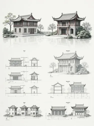 A diagram showing the process of building with each step represented by different architectural sketches and digital construction models of building structures and dimensions. The left side features t