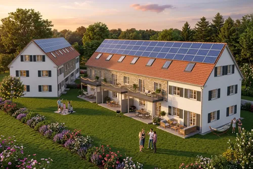 erzeuge eine fotorealistische Darstellung des Gebäudes, aber verändere die Architektur und den Blickwinkel nicht, feiernde Menschen im Garten, warmes Abendlicht, große Bäume im Hintergrund, viel Rasen