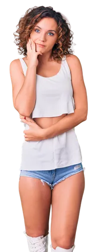 Kiley Wasserman, American actress, solo, (20s), beautiful detailed eyes, light blush, curly brown hair, casual makeup, white tank top, ripped denim shorts, sneakers, relaxed pose, leaning against wall
