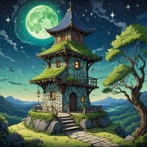 Description: A small observation tower built of light-colored stone under a star-filled night sky, a green roof covered in shimmering moss, wooden beams carved with celestial symbols, narrow openings 