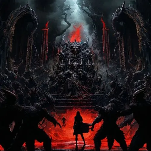 a group of demonic monsters surrounding a man standing in the dark,hall of the fallen,incantation,infernal,door to hell,cataclysm,purgatory,impiety,inquisition,exodus,sepulchral,enthroning,disharmony,